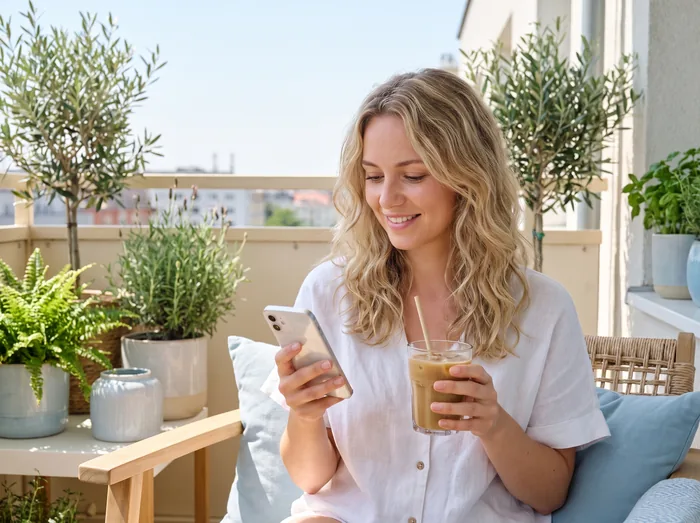 Kobieta czyta poradnik na telefonie na słonecznym balkonie